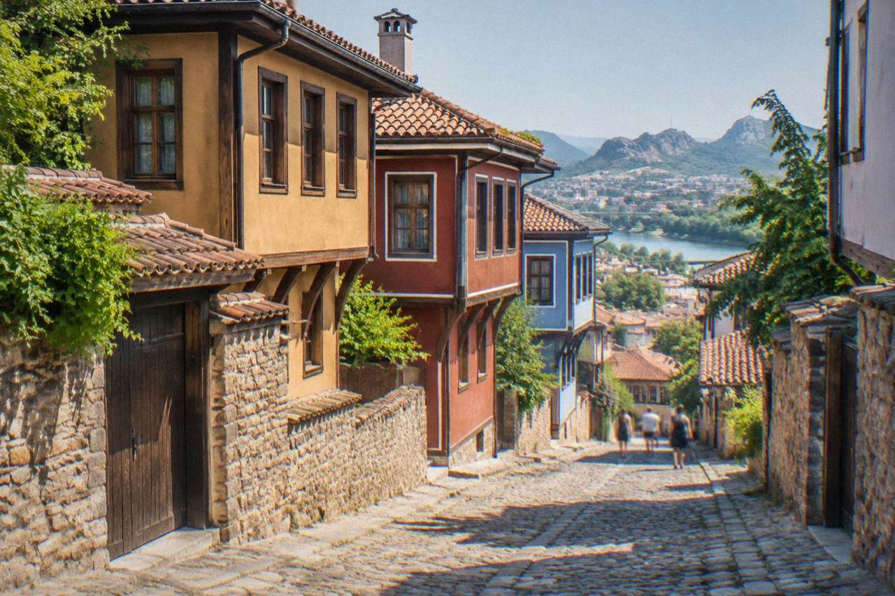 Cobblestone street in Plovdiv Old Town with colourful Revival-era houses