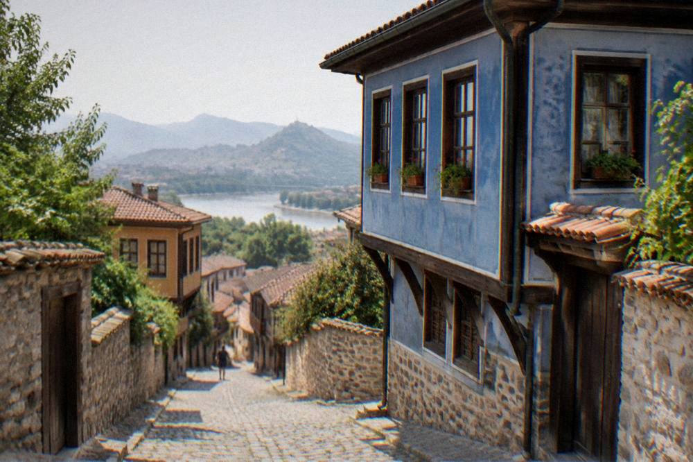 Painted facade of a blue Revival-era house in Plovdiv Old Town