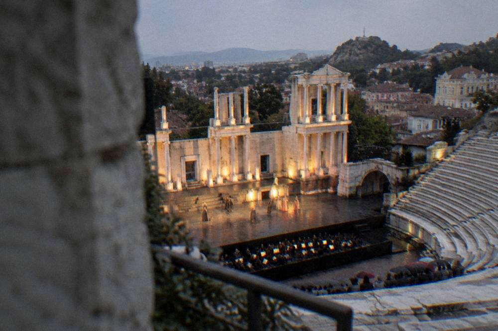 Ancient Theatre of Philippopolis lit for an evening opera performance