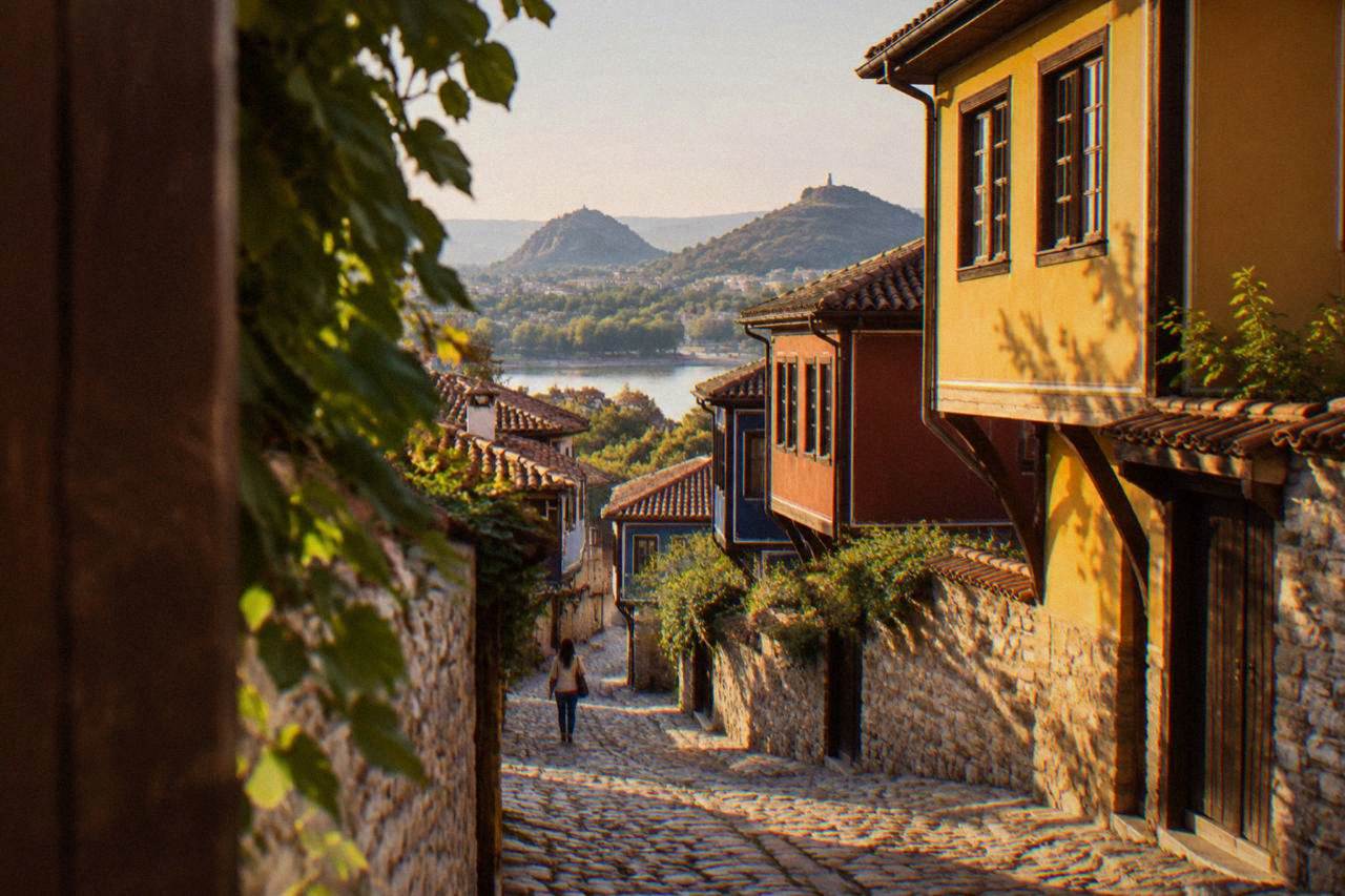 A narrow cobbled street in Plovdiv Old Town lined with colourful revival-era houses