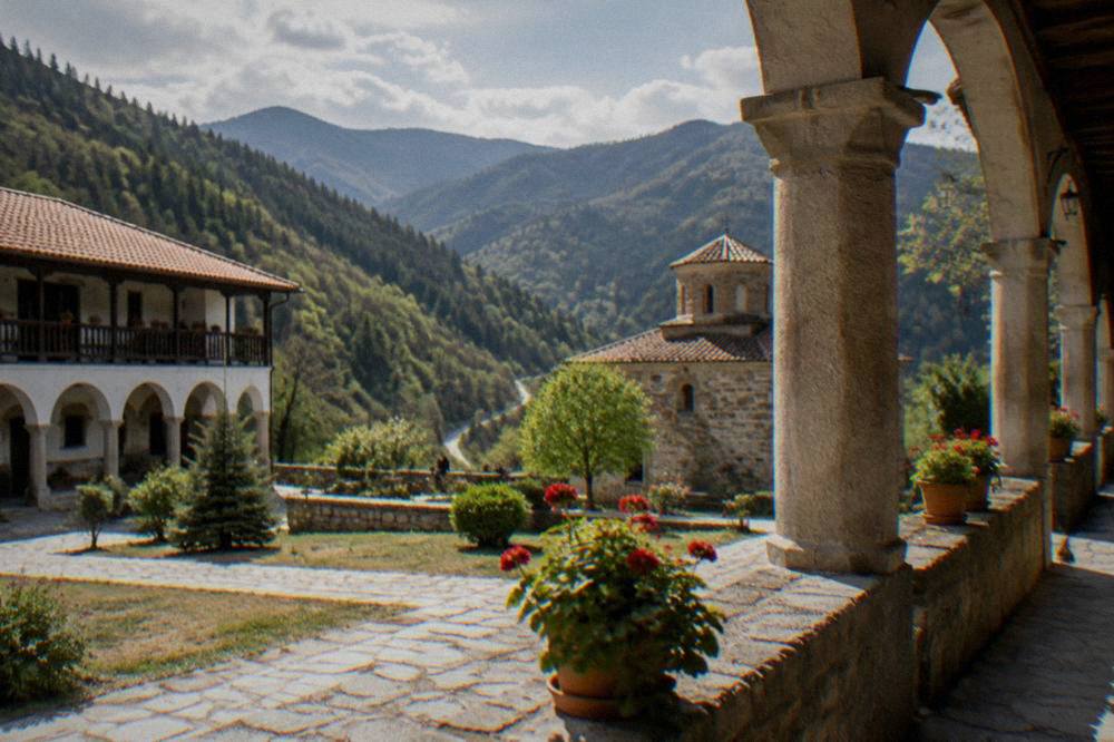 A monastery courtyard with arcades in the Rhodope mountains near Plovdiv