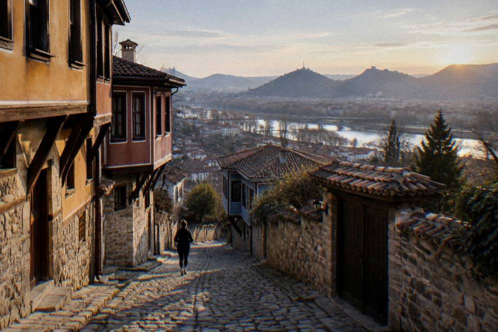 Evening light over the rooftops and hills of Plovdiv from a high terrace