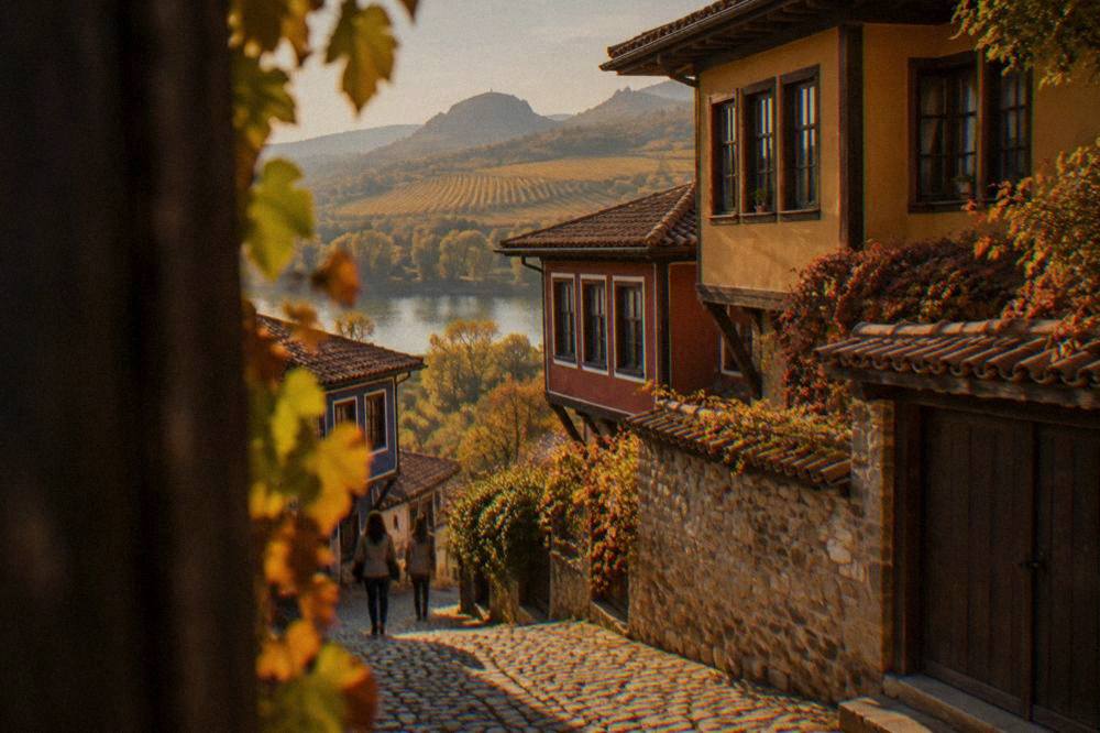 Golden vineyard rows on a hillside in the Thracian Valley near Plovdiv in autumn