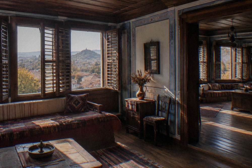 Interior of a Plovdiv revival-era house museum with wooden ceilings and autumn daylight through shutters
