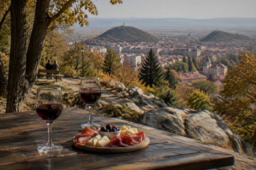 Glasses of red Bulgarian wine on a wooden table beside a plate of cheese and cured meats