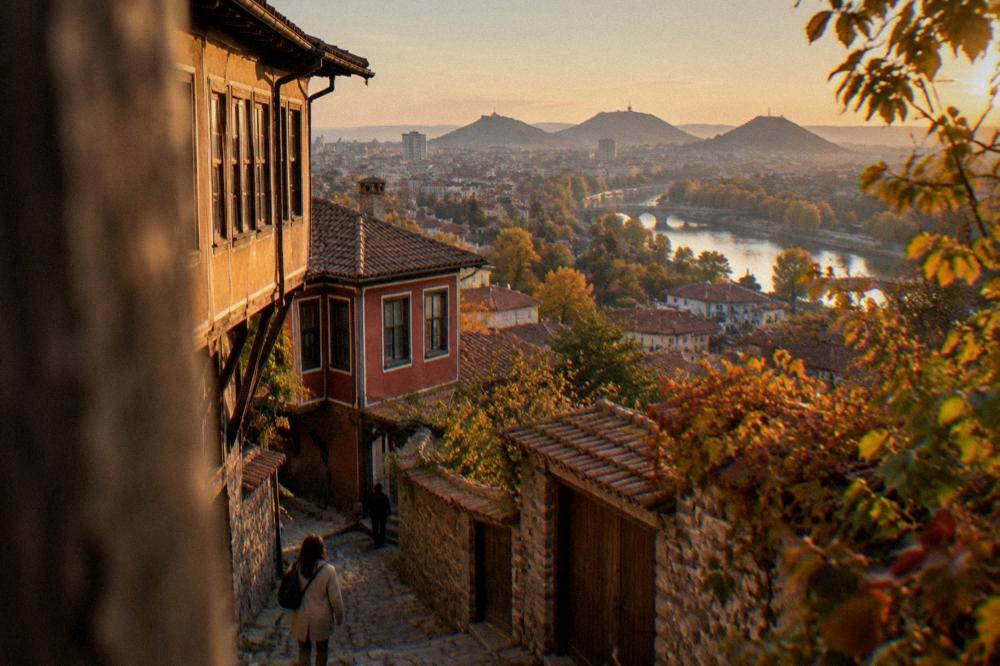Plovdiv rooftops seen from a hill at dusk with autumn foliage in the foreground