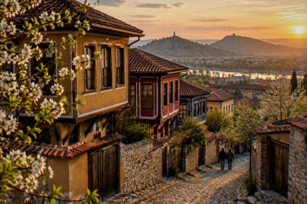 Sunset over Plovdiv rooftops and hills with blossom branches in the foreground