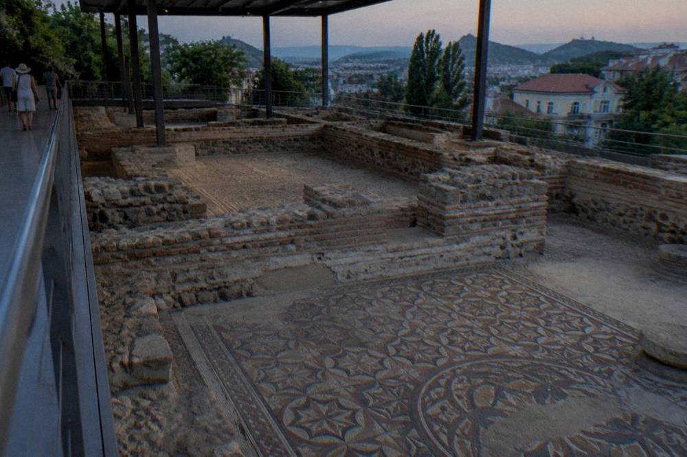 Mosaic floor of the Bishop's Basilica of Philippopolis viewed from a raised walkway