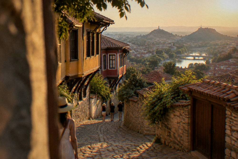 Sunset light on the red rooftops of Plovdiv seen from a hill above the Old Town