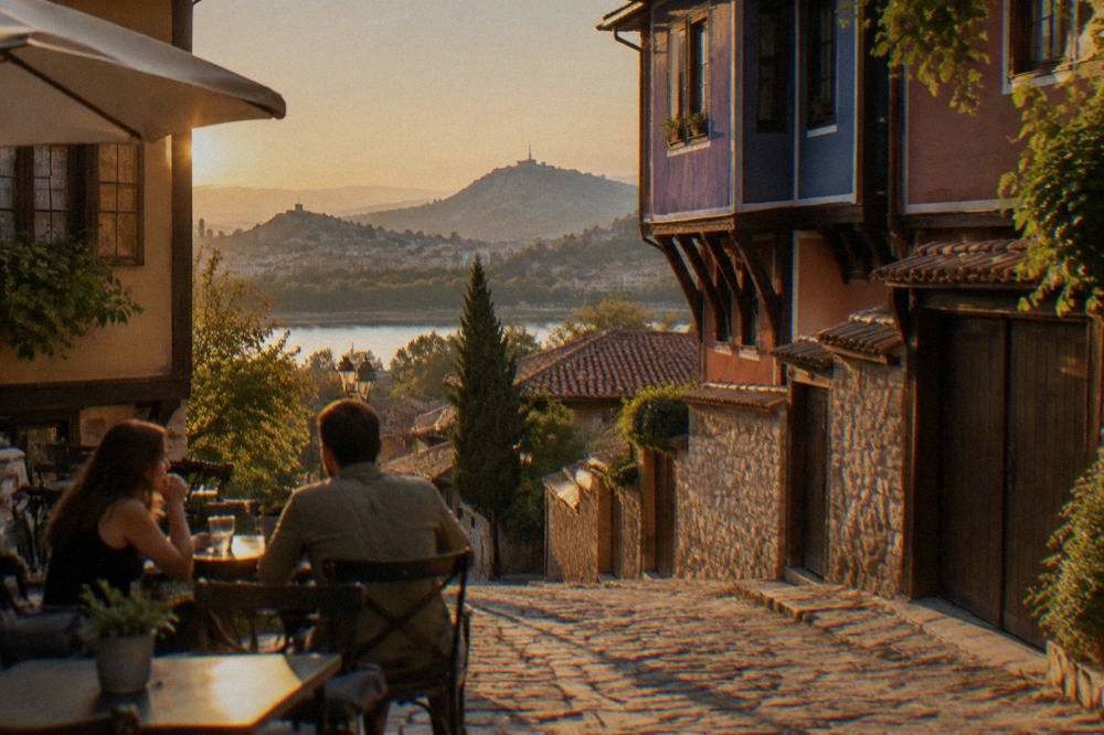 Two people in conversation at an outdoor cafe table in central Plovdiv