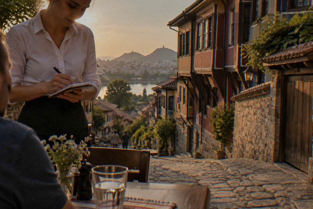 A server writing an order at a table outside a restaurant in Plovdiv