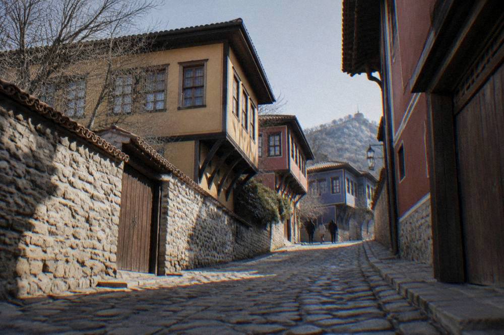 A directional street sign in Cyrillic marking the way to the Old Town in Plovdiv