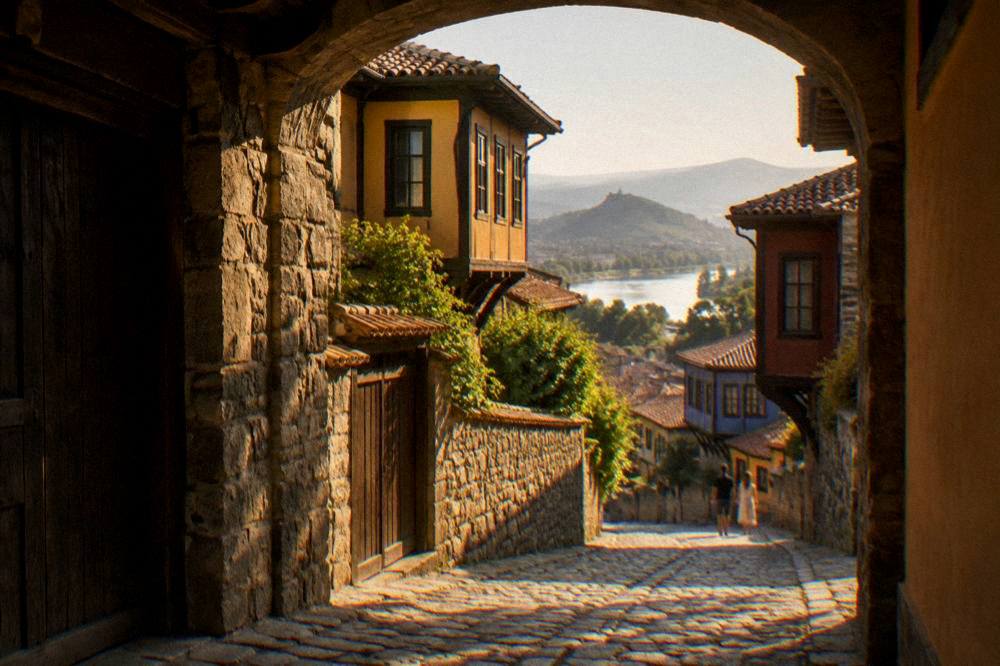 An old stone gate in Plovdiv with a bilingual information sign beside it at dusk