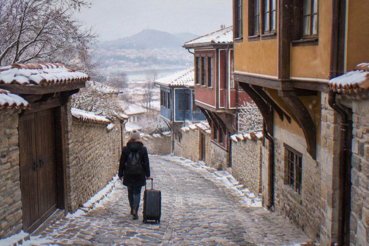 Cobbled street in Plovdiv Old Town with a traveller pulling a wheeled suitcase over the stones