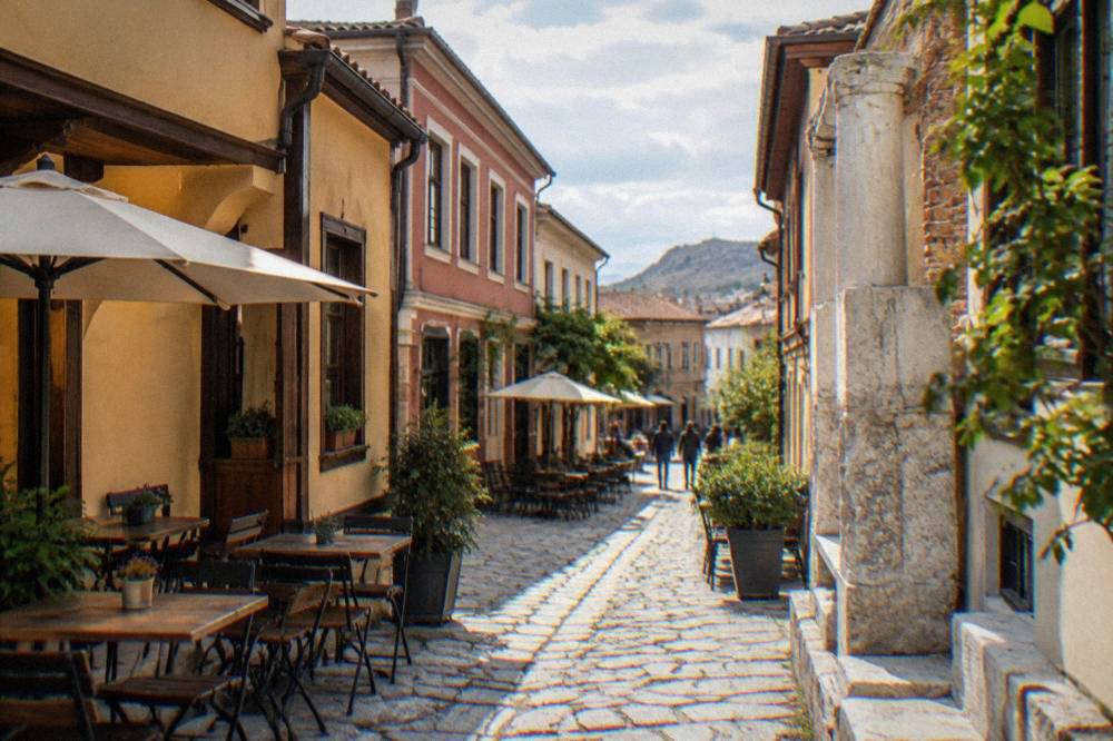 Narrow cobbled lane in Kapana creative district in Plovdiv