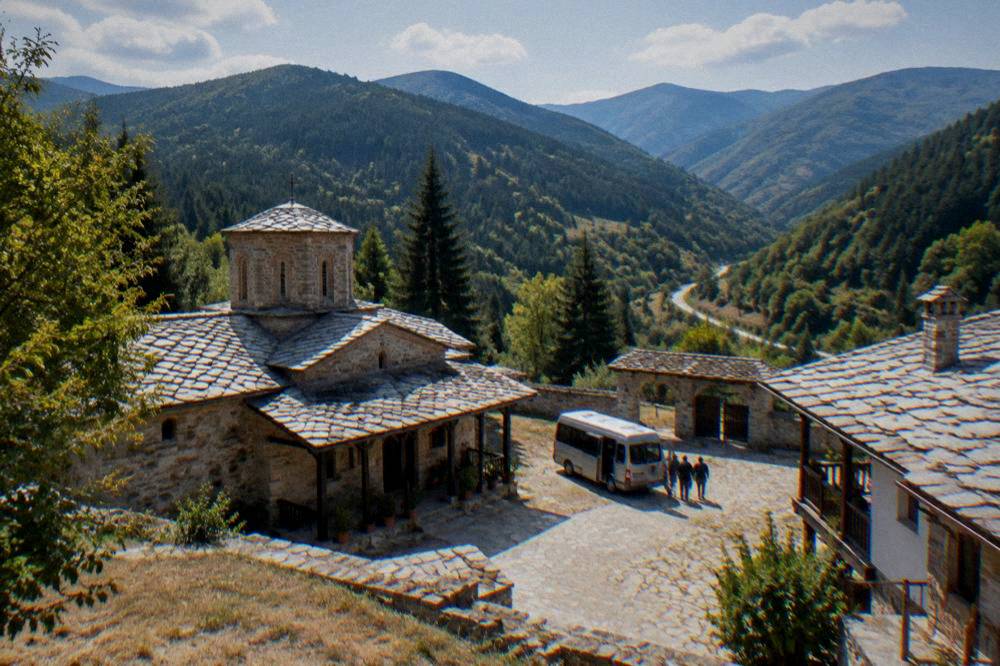 Minibus parked at a monastery courtyard in the Rhodope mountains region