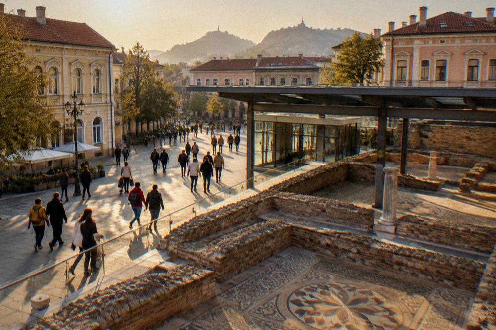 Crowd crossing Central Square in Plovdiv in front of the Bishop's Basilica visitor centre