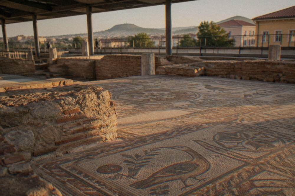 Ancient mosaic floor with bird patterns inside the Bishop's Basilica in Plovdiv