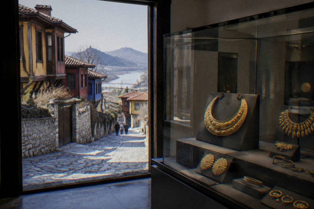 Display case with Thracian gold ornaments in a Plovdiv museum hall