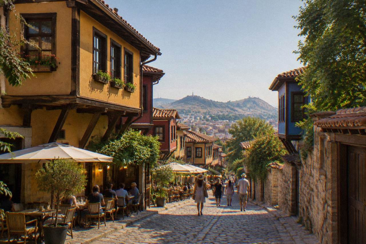 Kapana's narrow streets glowing with warm cafe and bar lighting on a summer evening in Plovdiv