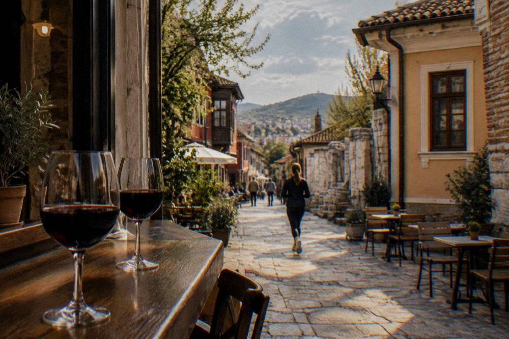 Glasses of Bulgarian red wine on a wooden bar counter in the evening