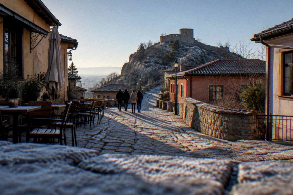 A small group walking up the path toward Asen's Fortress on a rocky ridge above Asenovgrad