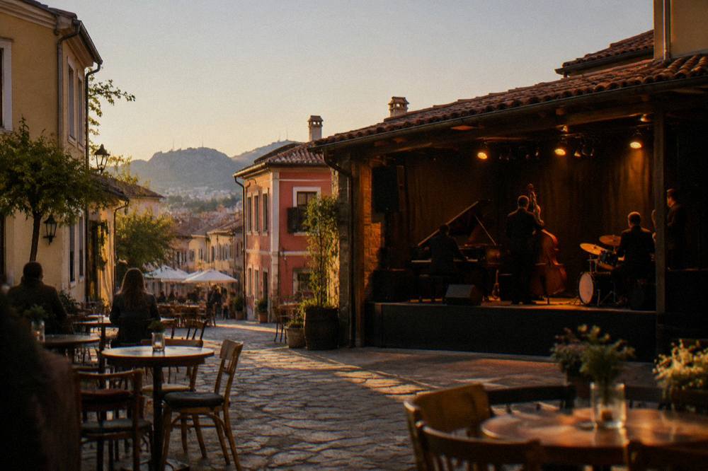 A jazz quartet performing on a small stage under stage lights at an indoor venue
