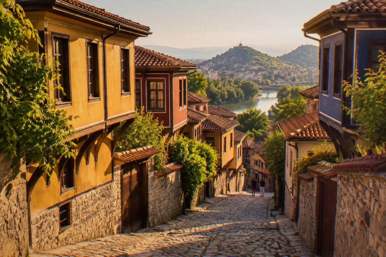 A narrow cobbled street in Plovdiv Old Town lined with colourful revival-era houses