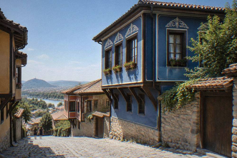 An ornate blue-painted revival house facade above a cobbled lane in Plovdiv