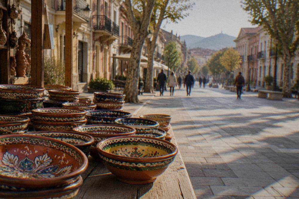 Bulgarian pottery bowls with traditional colourful patterns displayed on a wooden market stall