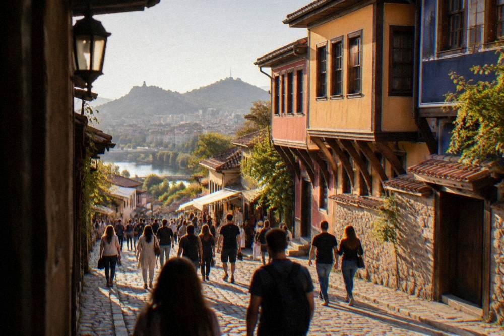 Busy pedestrian main street in Plovdiv with shops and crowds on a sunny afternoon