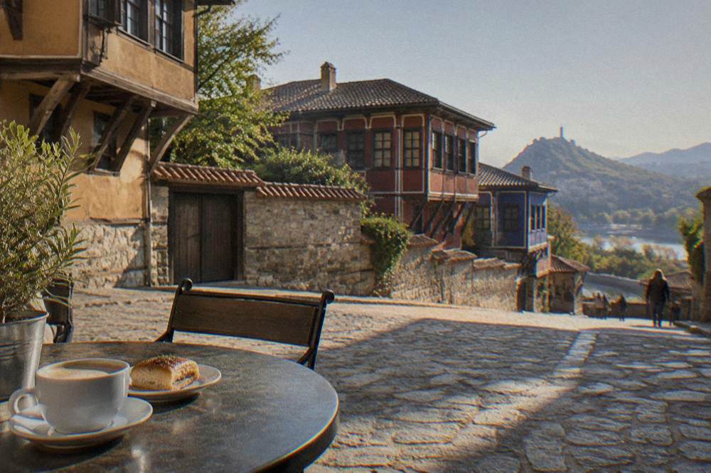 Coffee and a small pastry on a cafe table in a Plovdiv square