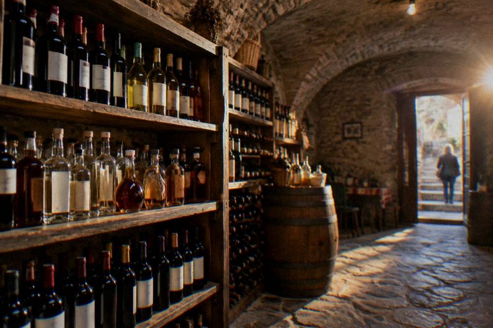 Shop shelf with bottles of Bulgarian wine and rakia in a cellar in Plovdiv