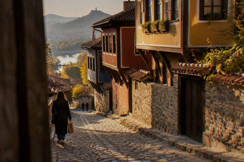 Visitor with a paper shopping bag walking a cobbled street in Plovdiv Old Town