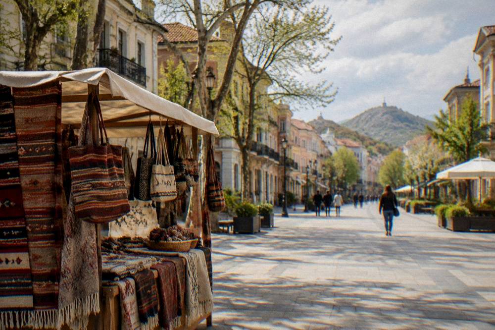 Craft stall with handwoven textiles and woven bags displayed outdoors