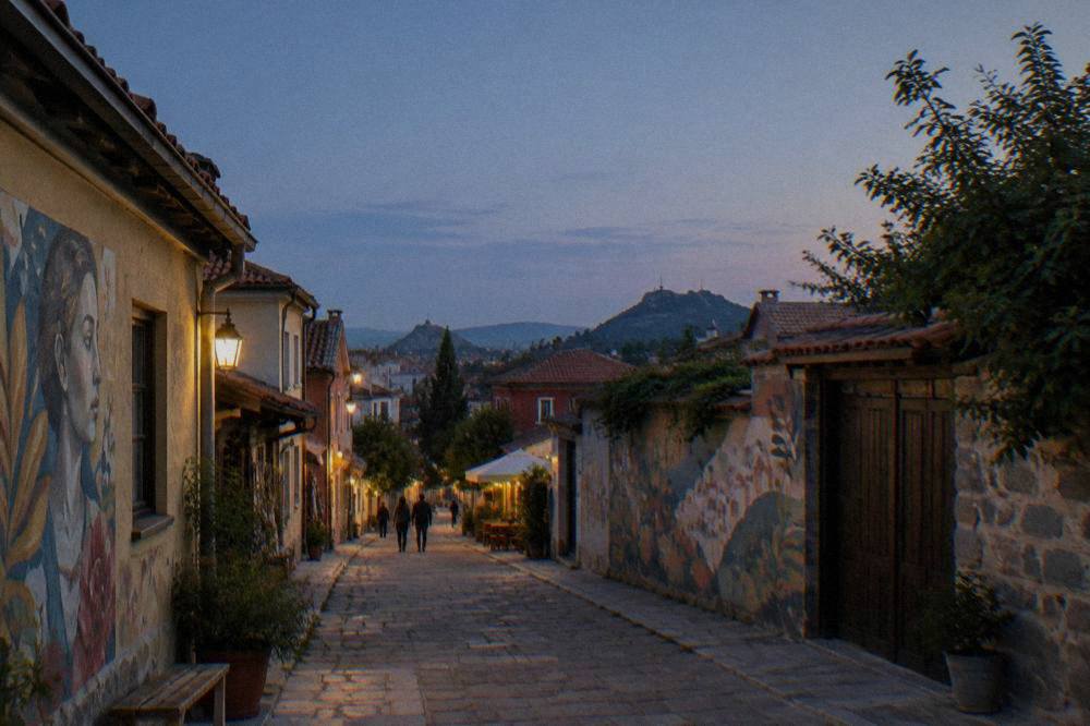 A narrow pedestrian lane lined with small shops and walls covered in painted artwork
