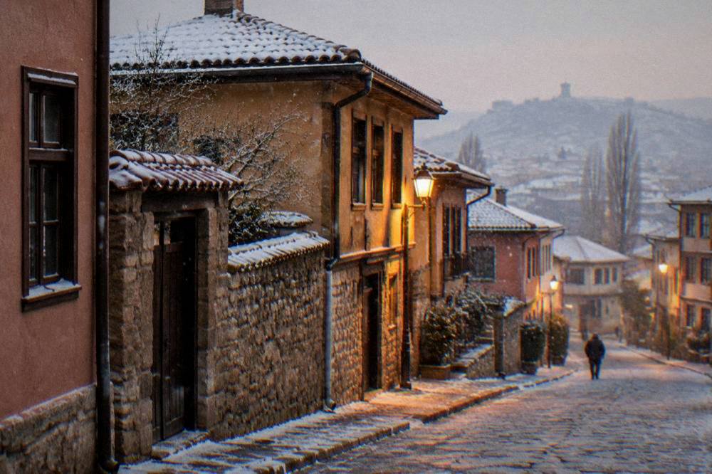 A quiet old street at dusk with warm light on painted walls and stone facades