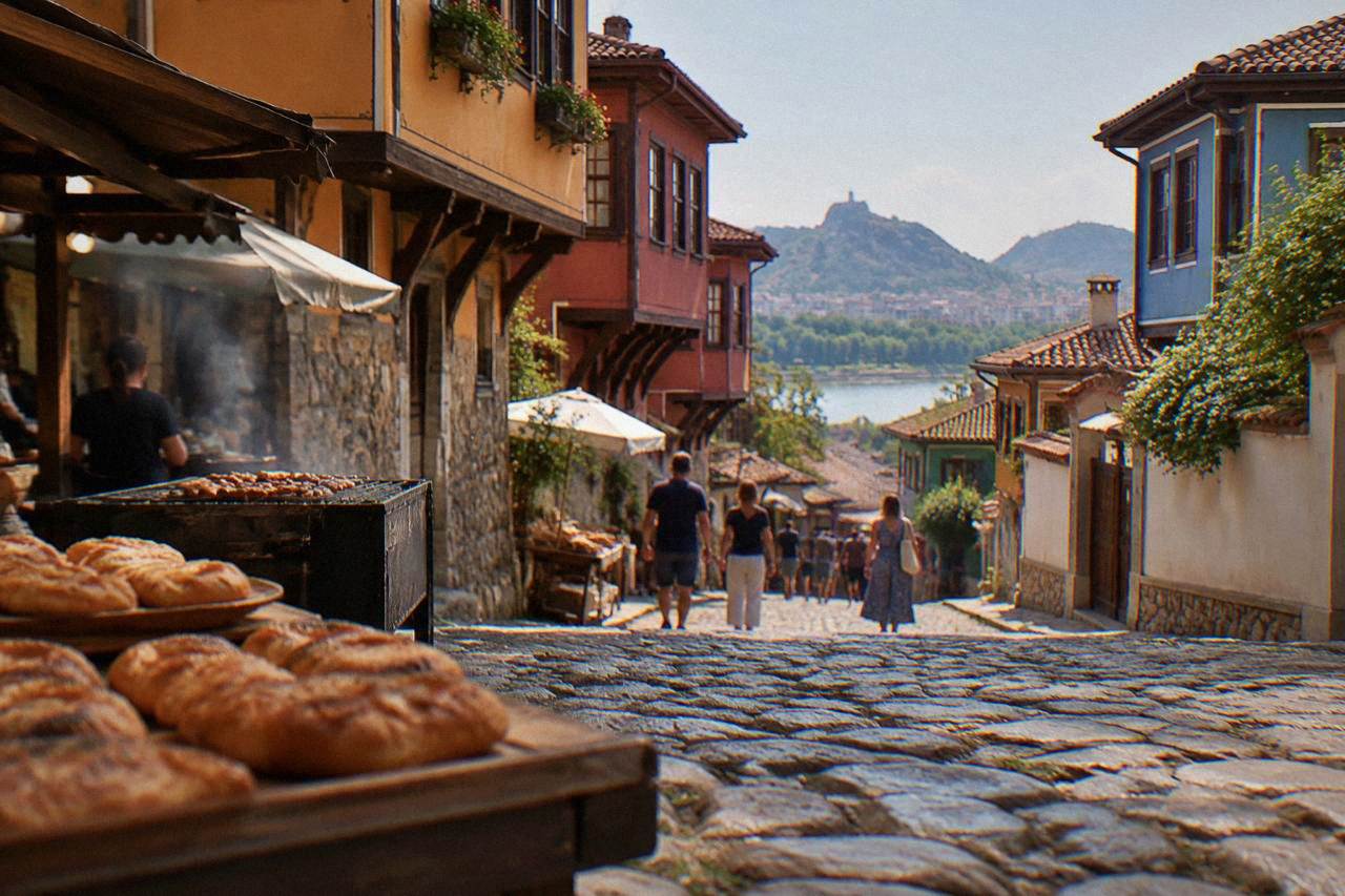 A busy pedestrian street in central Plovdiv with bakery and grill stalls along the edge