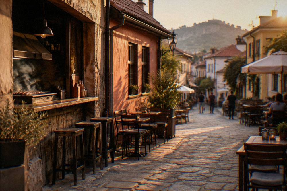 A narrow lane in the Kapana district of Plovdiv with small bars and grill counters