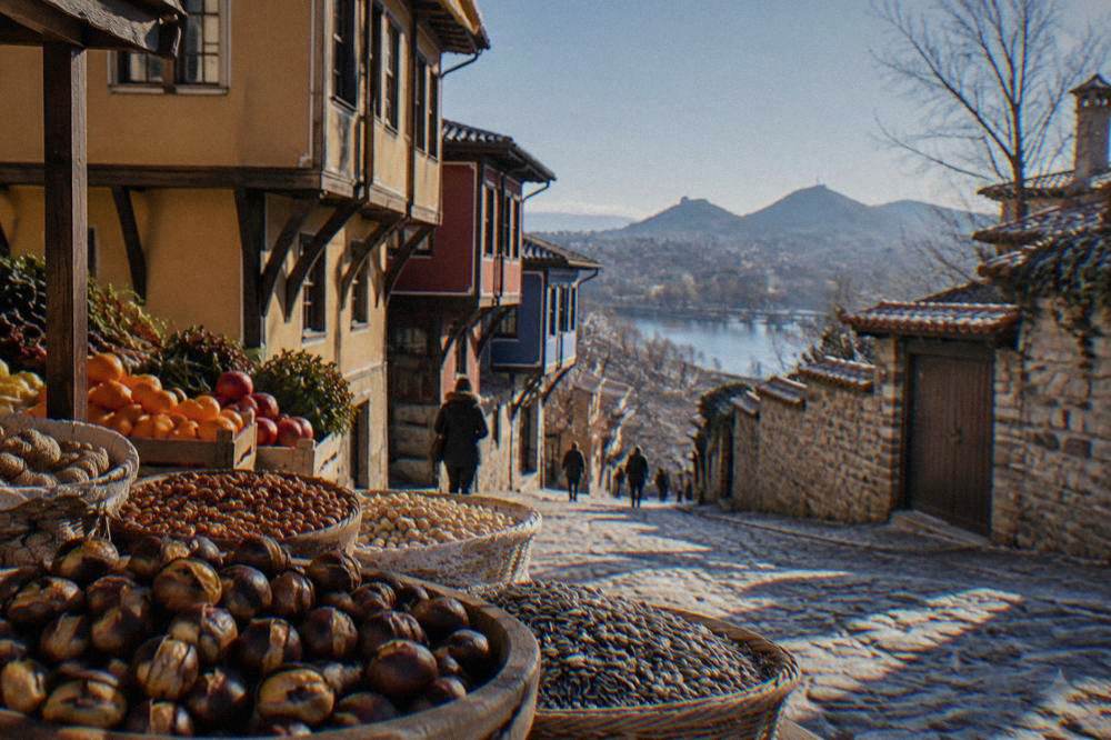 A street market stall in Plovdiv with roasted nuts, seeds and fresh produce