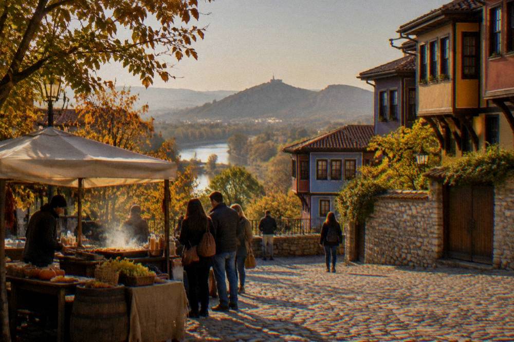 An outdoor food stall in a Plovdiv square during an autumn festival