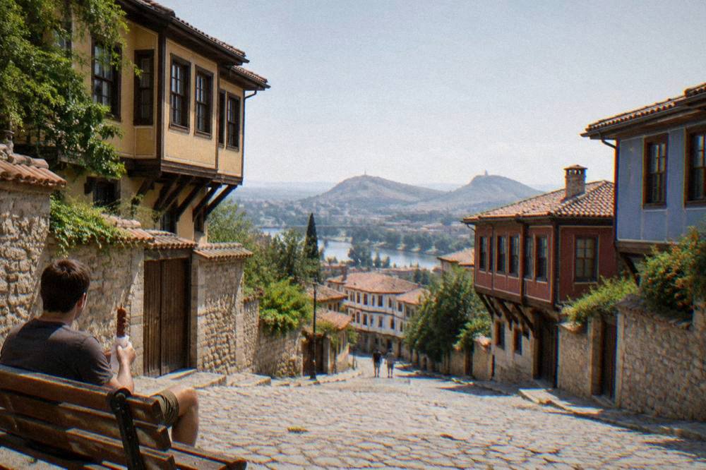 A walker holding a paper-wrapped grilled kebapche on a Plovdiv street bench