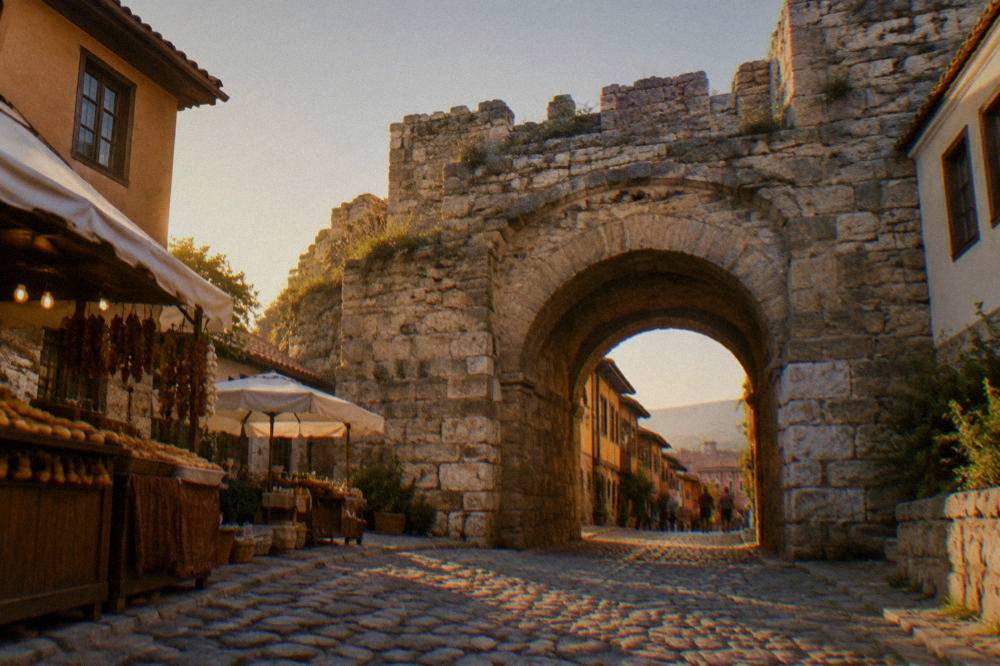 The stone gate of Hisar Kapia in Plovdiv seen from a street with food stalls nearby