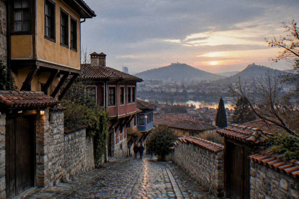 Evening light over Plovdiv Old Town rooftops from one of the city hills