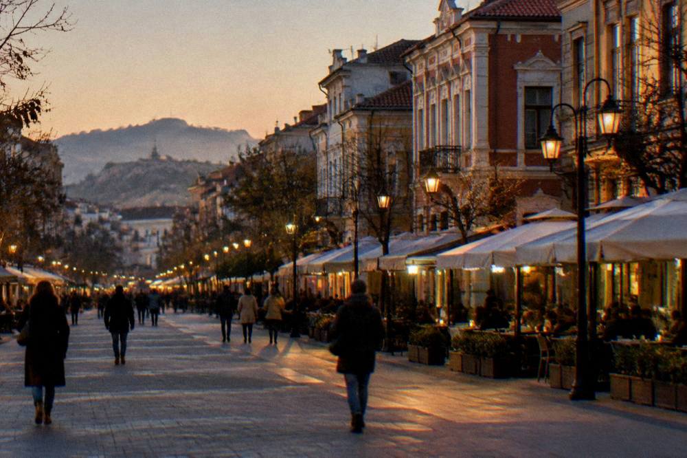 Evening view of a lit main street with people walking and cafes open