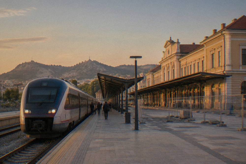 A modern intercity passenger train standing at Sofia Central Station before departure to Plovdiv