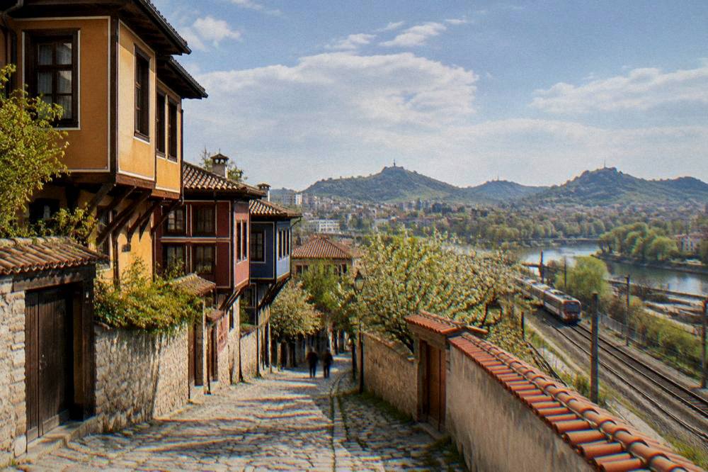 Railway tracks leaving Plovdiv station toward the hills on the southern edge of the city