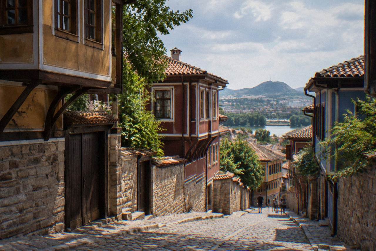 Cobbled street in Plovdiv Old Town with colourful revival-era houses