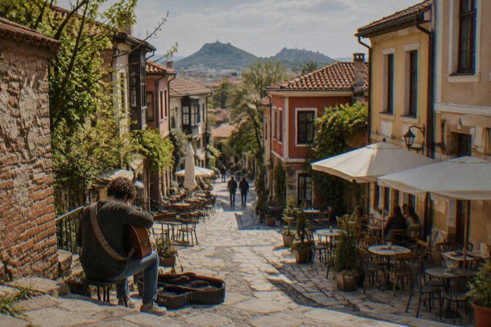 Street musician performing in the Kapana creative district of Plovdiv