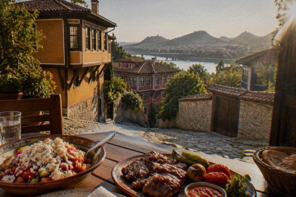 Table set with shopska salad and grilled dishes at a Plovdiv restaurant
